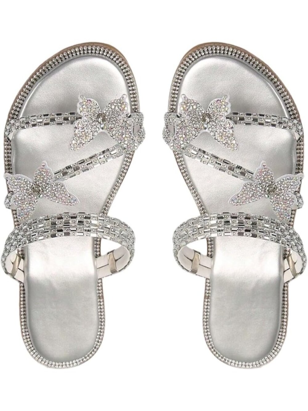Women's Silver Flat Loafers Sparkly Butterfly Strappy Open Toe Elegant Slides